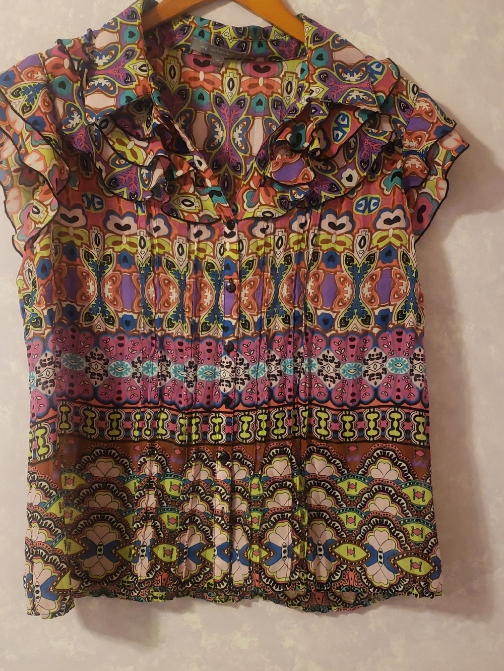 NY Collection Multicolor Printed Ruffle-Collar Cap Sleeve Blouse